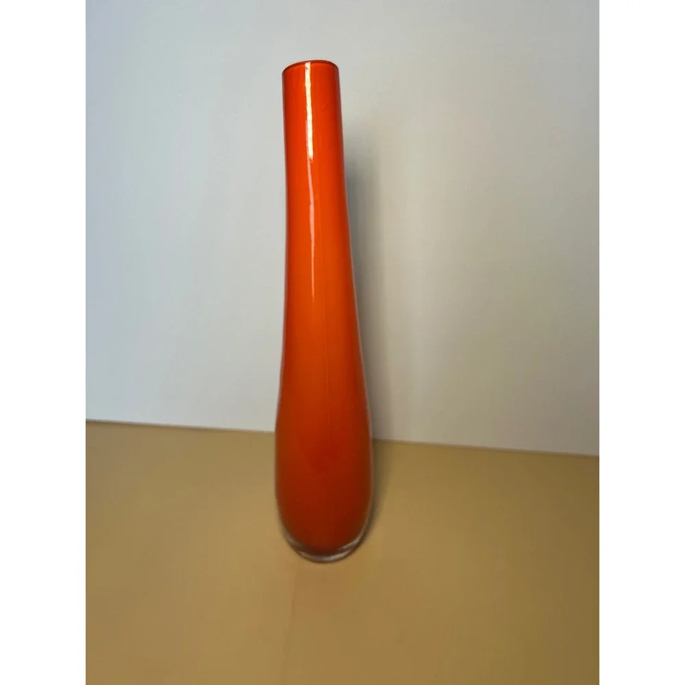 Vintage Orange Art Glass Bud Vase Tall Curved Mid Century Modern Style 12 Inch